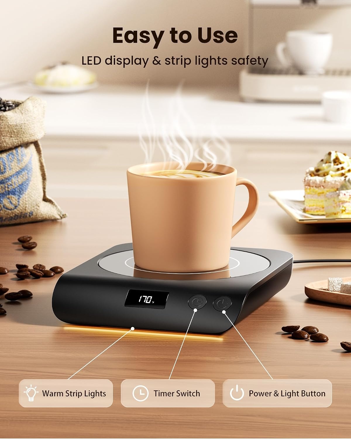 image:imageGaiatop Coffee Mug Warmer 3 Temperature Settings 210H Auto Shut Off and Warm Strip Indicator Lights 50W Smart Cup Warmers Fast Heating Plate for Tea Milk Cocoa Candle Stocking Stuffers WoodBlack