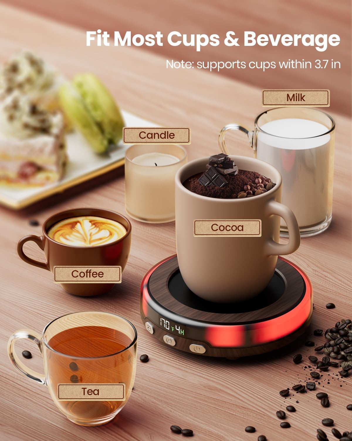 image:imageGaiatop Coffee Mug Warmer for Desk 3 Temp Settings 29Hrs Timer 3 Colorful Romantic Atmosphere Light Modes Stocking Stuffers Beverage Heating Plate with Digital Display for Candle Tea Milk BlackWood