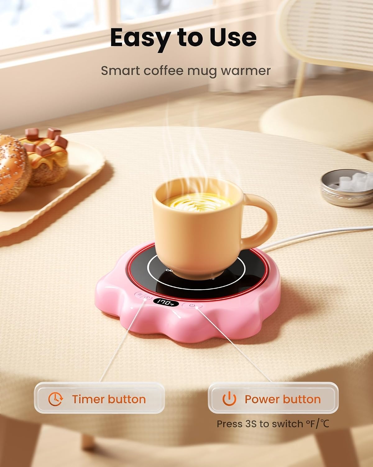 image:imageGaiatop Mug Warmer 50W Cute Cat Paw Cup Warmers 3 Temp Settings 210H Auto Shut Off Coffee Accessories Keep Beverage Hot for Desk and Home Heated Plate Stocking Stuffers for Tea Candle PinkPink