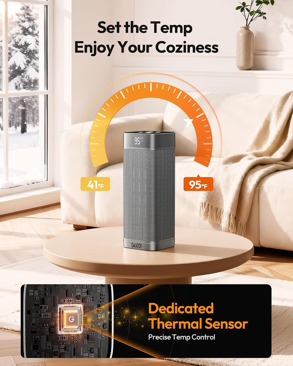 image:imageGaiatop Space Heaters for Indoor Use Portable Electric Heater with Thermostat 1500W PTC Ceramic Room Heater with Remote 5 Modes 60 Oscillating 12H Timer Fast Heating Bedroom Office Bathroom HomeSilver
