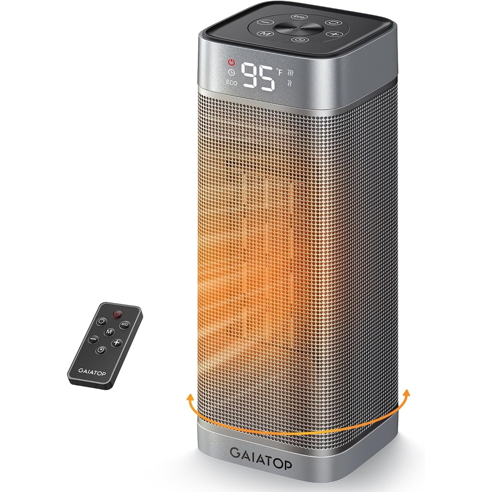 image:imageGaiatop Space Heaters for Indoor Use Portable Electric Heater with Thermostat 1500W PTC Ceramic Room Heater with Remote 5 Modes 60 Oscillating 12H Timer Fast Heating Bedroom Office Bathroom HomeSilver